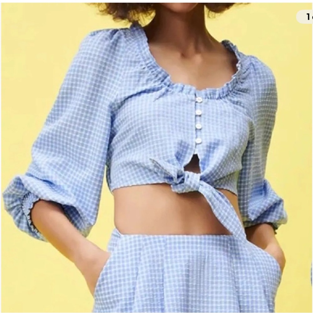 ZARA Blue Gingham Tie-Front Crop Top with balloon sleeves